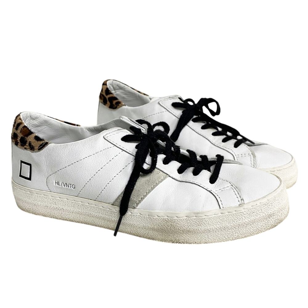 D.A.T.E. Sneakers Womens Hill Low Vintage Calf White Leopard Leather Size 7